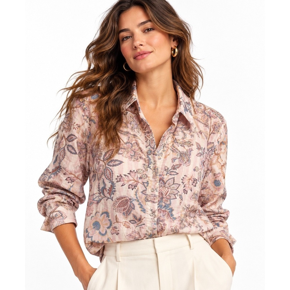 Lucky & Coco Simone Gauze Button Down Shirt Light Purple Floral Cotton Large